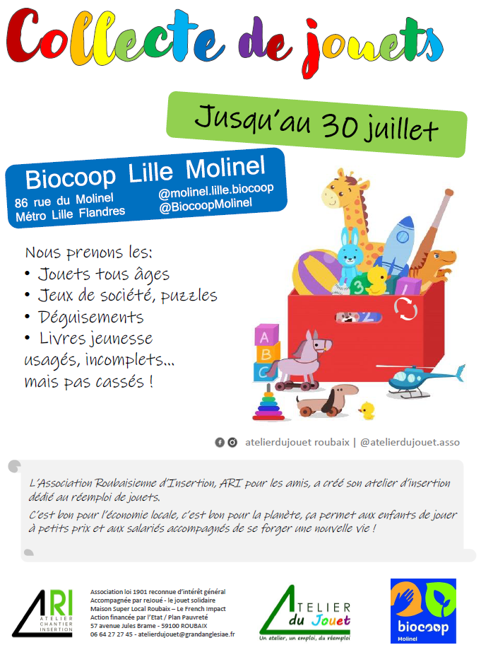 Collecte solidaire de jouets d'occasion par l'Atelier du jouet de Roubaix Collecte solidaire de jouets d'occasion par l'Atelier du jouet de Roubaix